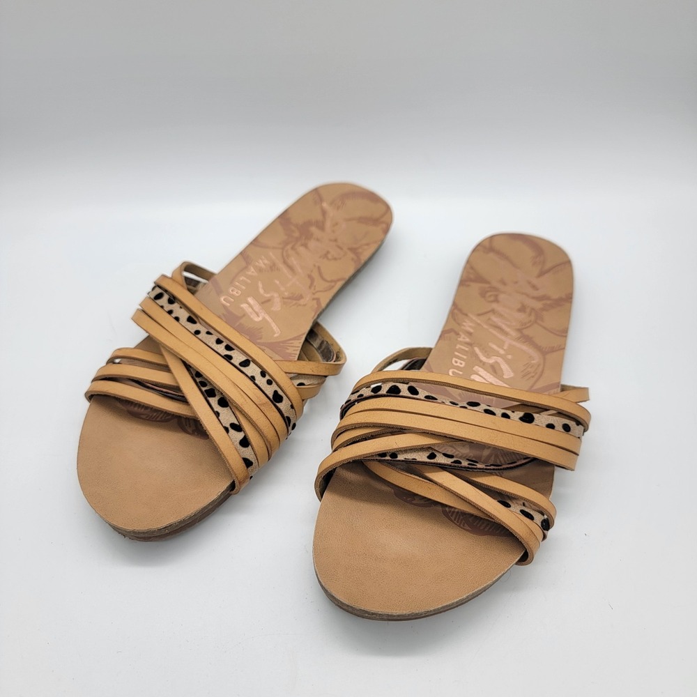 Blowfish Malibu 7 M Gansy Sandals Slides Leather Animal Print Accent Tan